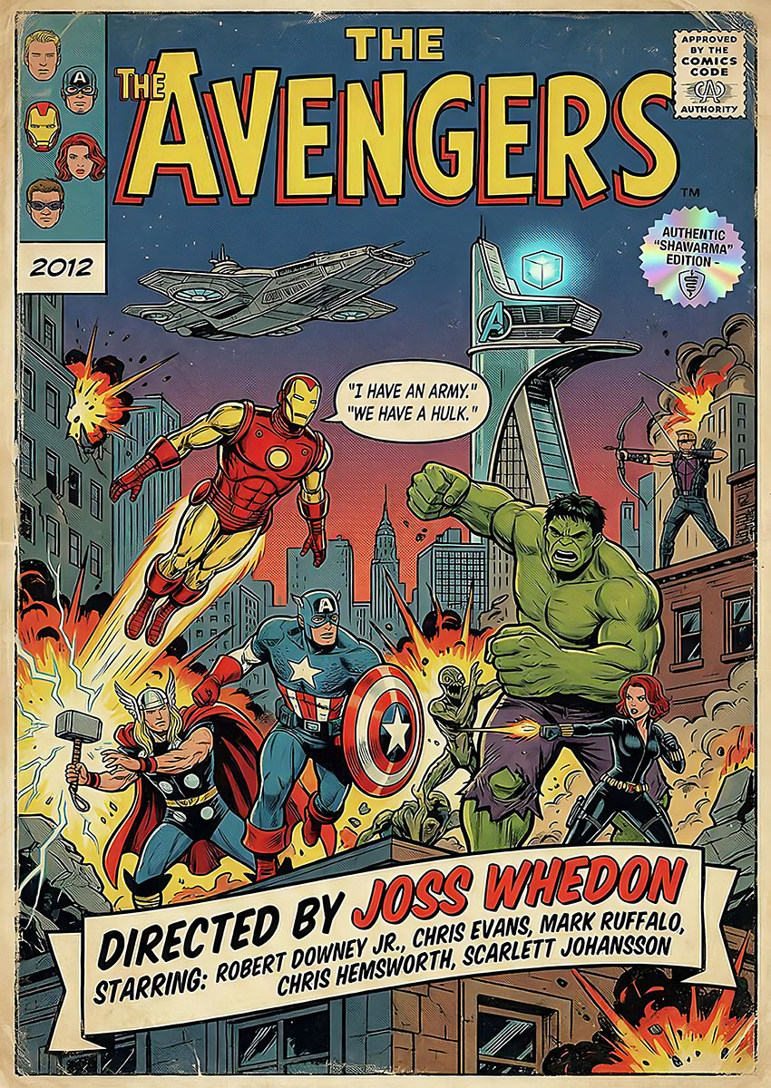 Dynamic comic style artwork of The Avengers superheroes in action amidst a vibrant cityscape.